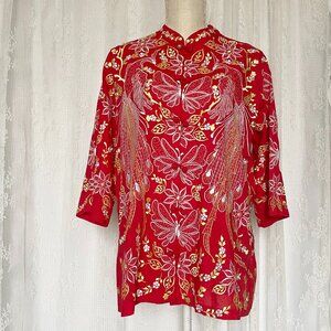 Vintage Leandra Crochet Embroideries Women's Tunic Top Large Red Boho Butterfly